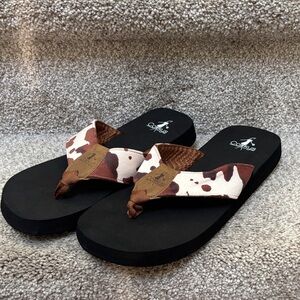 Corkys Flip Flops with Brown and Cream Cowprint Straps size 8/9 (right8/left9)